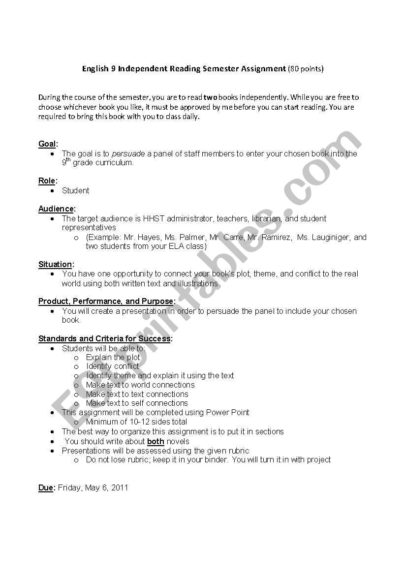 Independent Reading Project worksheet