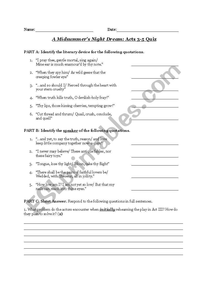 A Midsummer Night´s Dream Quiz Acts 3-5