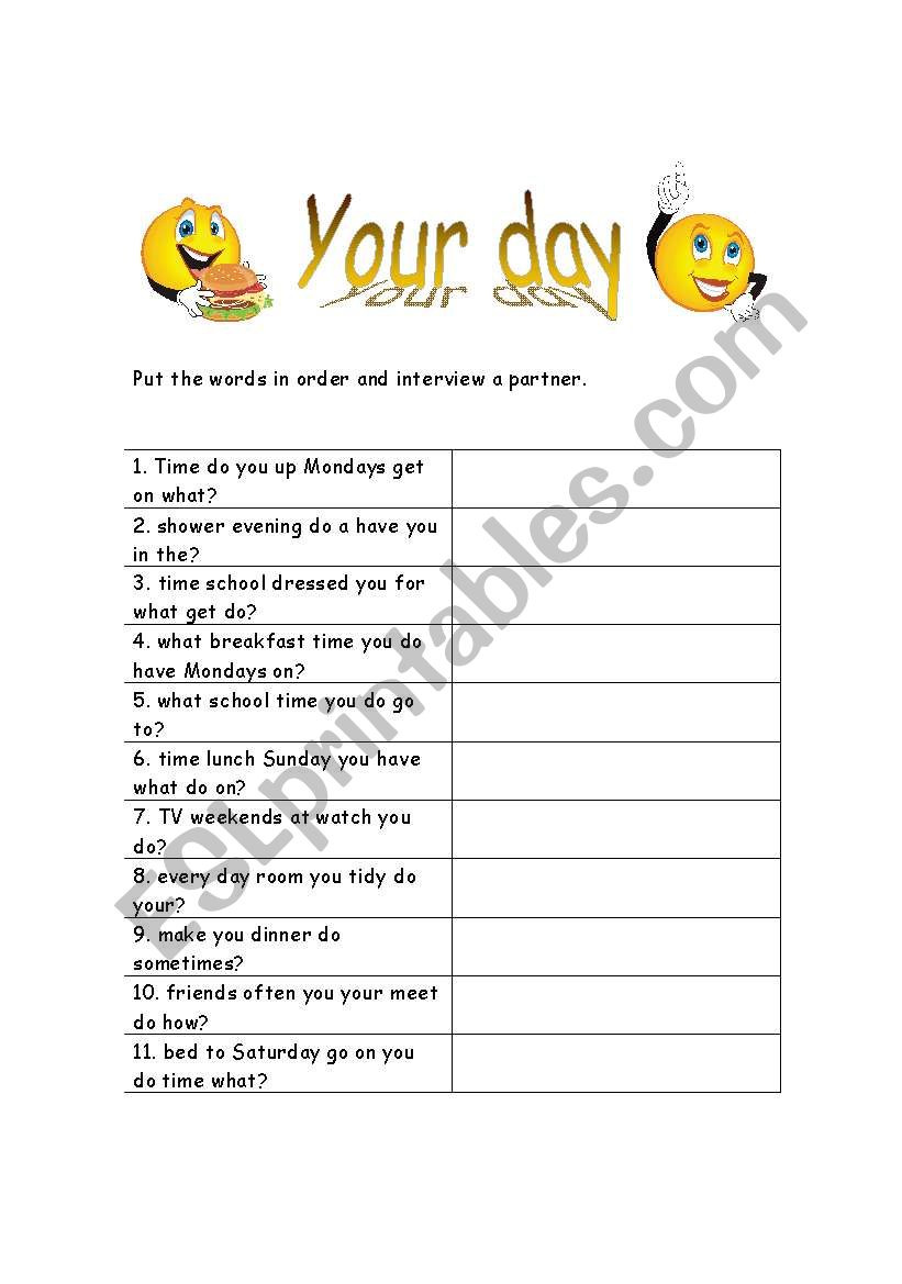 Your day  worksheet