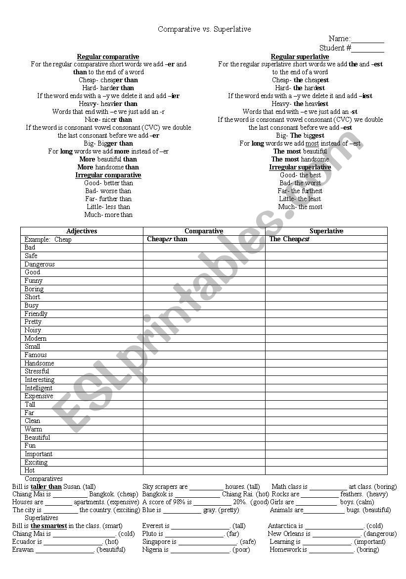 Comparative vs Superlative worksheet