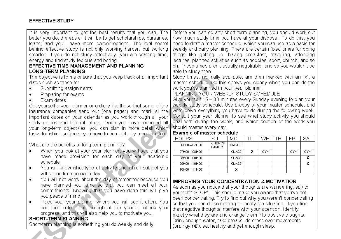 Effective Study Skills worksheet