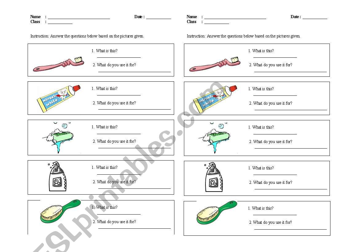 toiletries worksheet