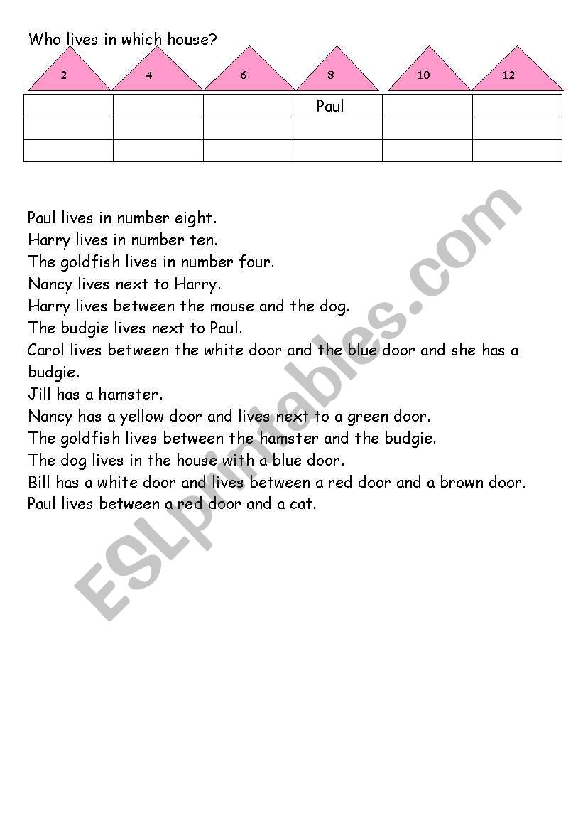 Who lives in which house? worksheet