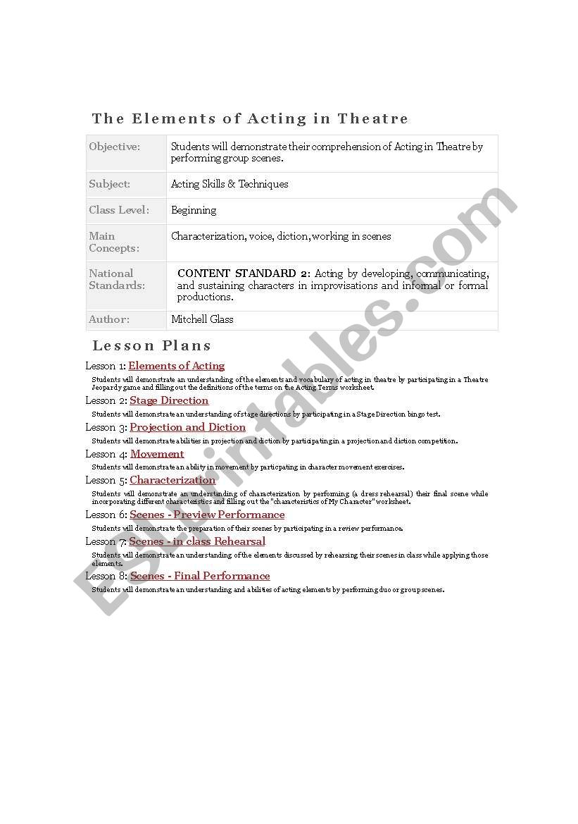 drama plan for elements of acting in english