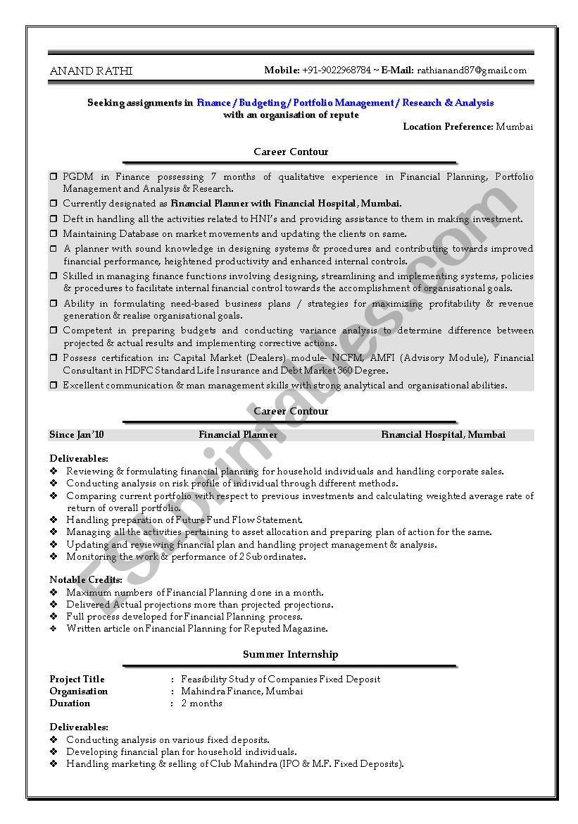 CV format worksheet