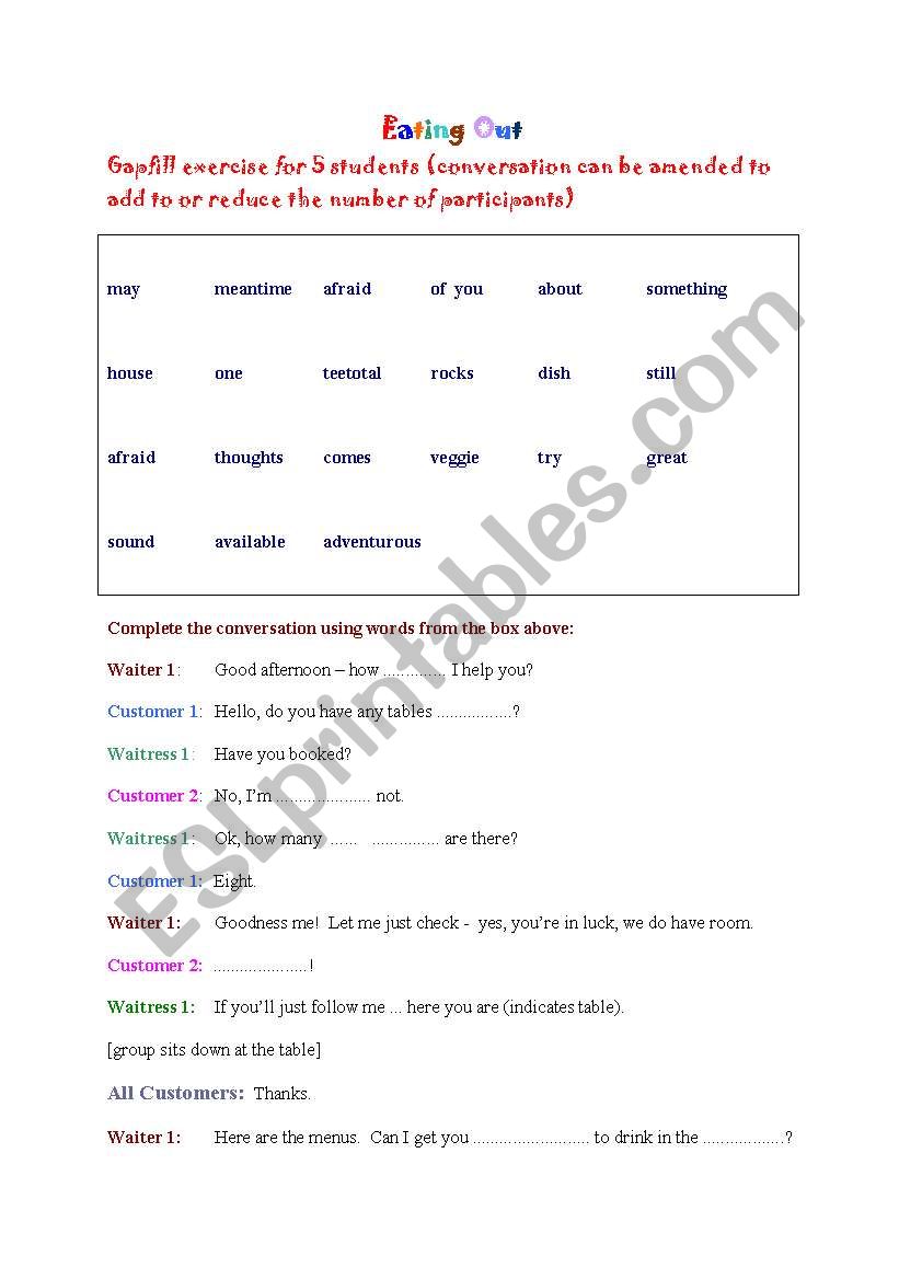 Eating out worksheet