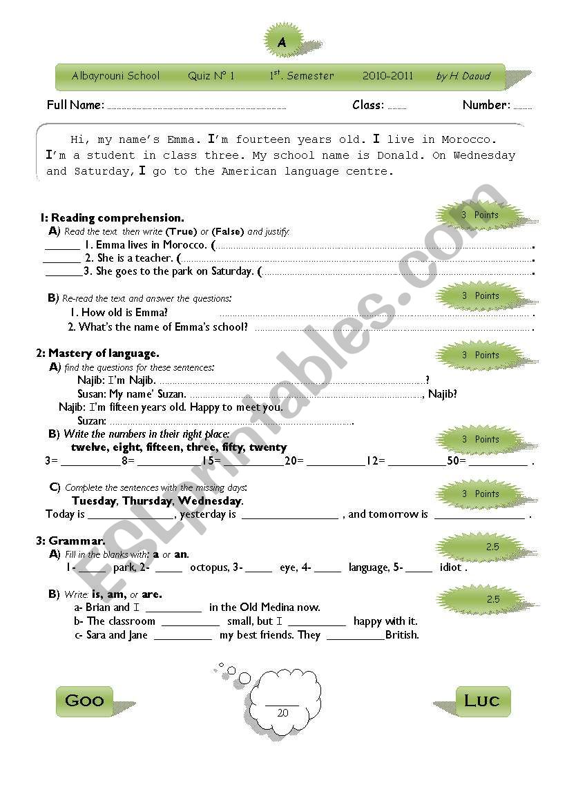 Quiz N 1 1st. semester worksheet