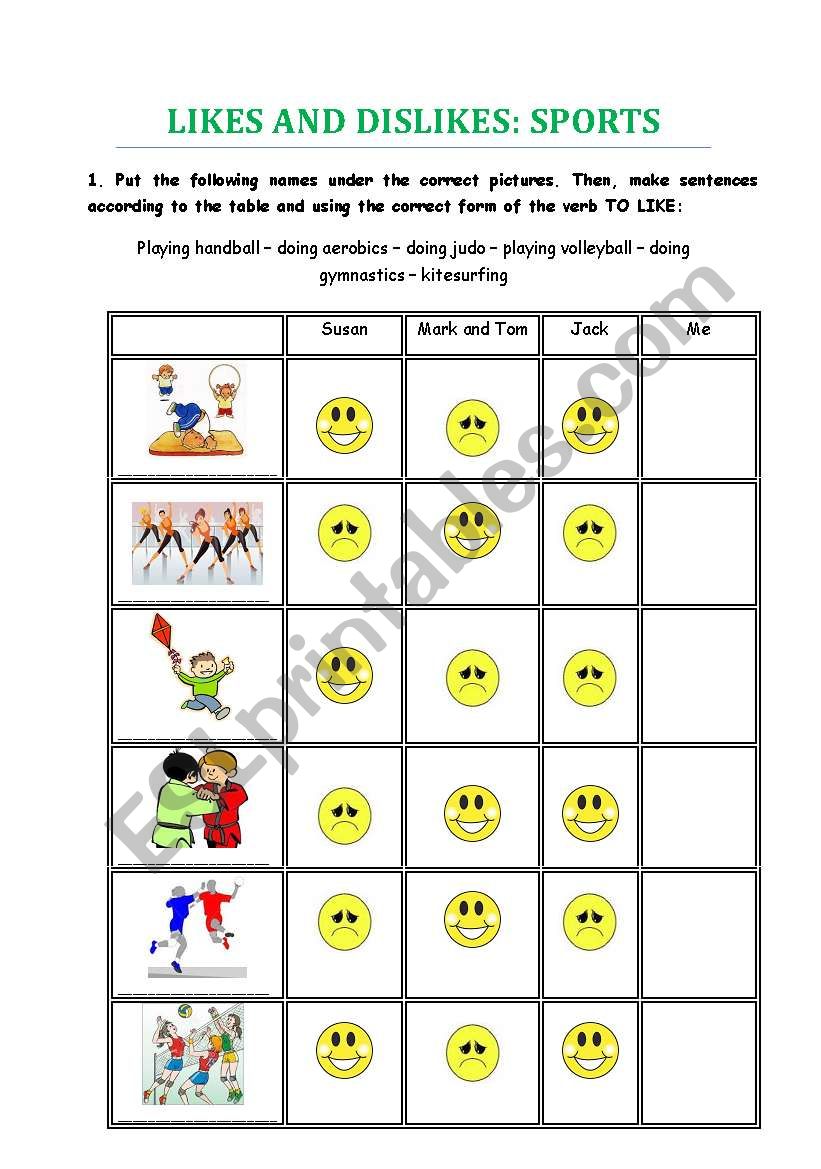 Likes and dislikes: sports worksheet