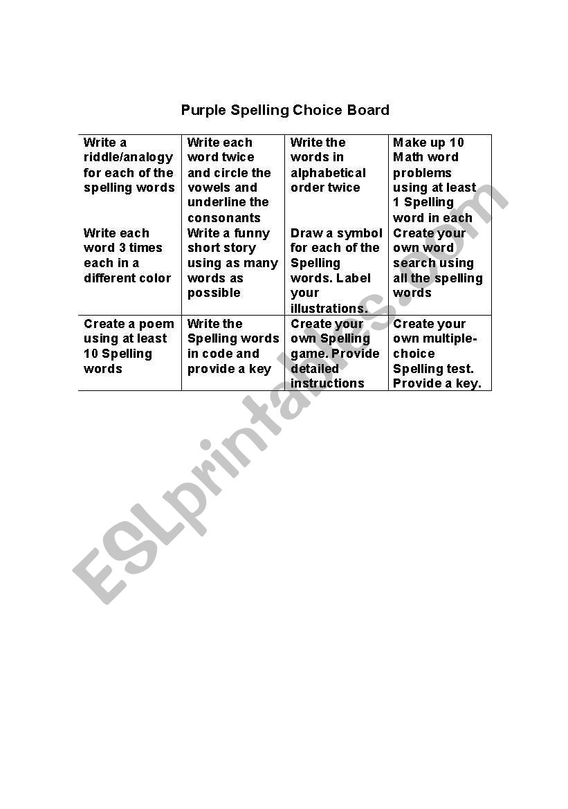Spelling Choice Boards worksheet