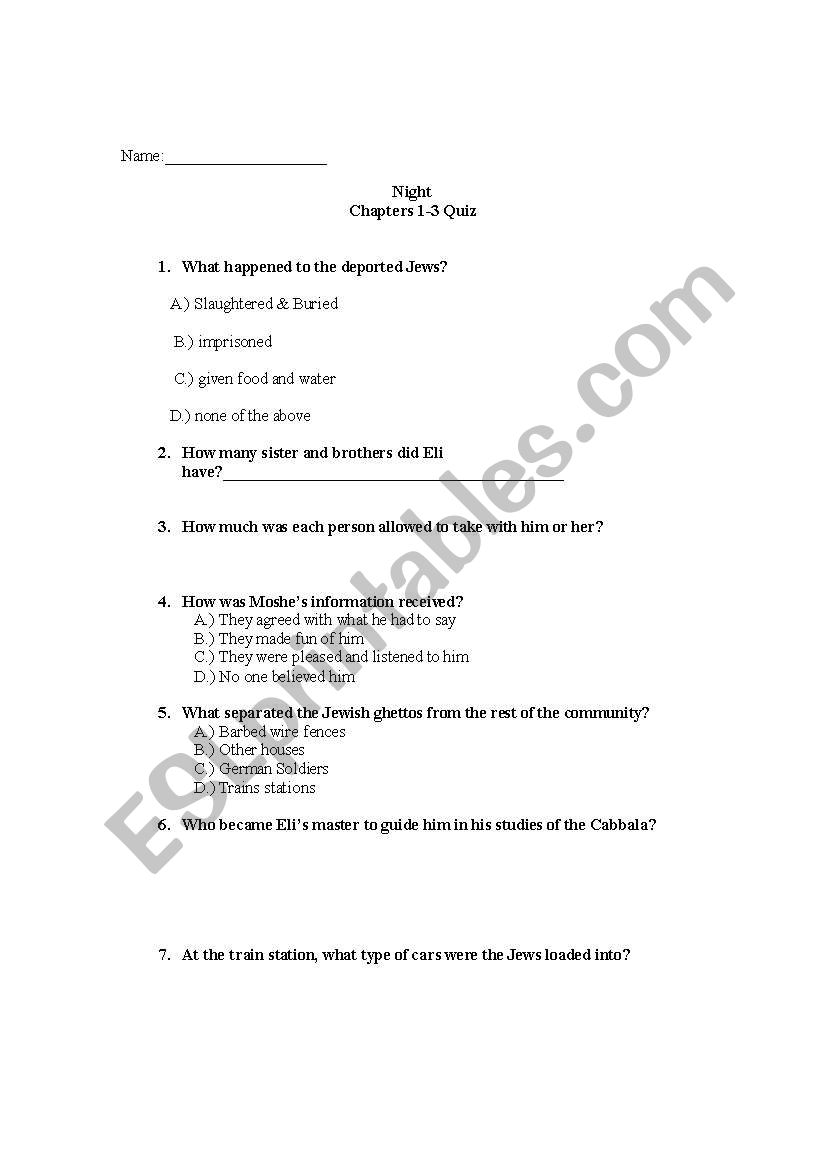 English worksheets Night by Elie Wiesel chapter 12 test