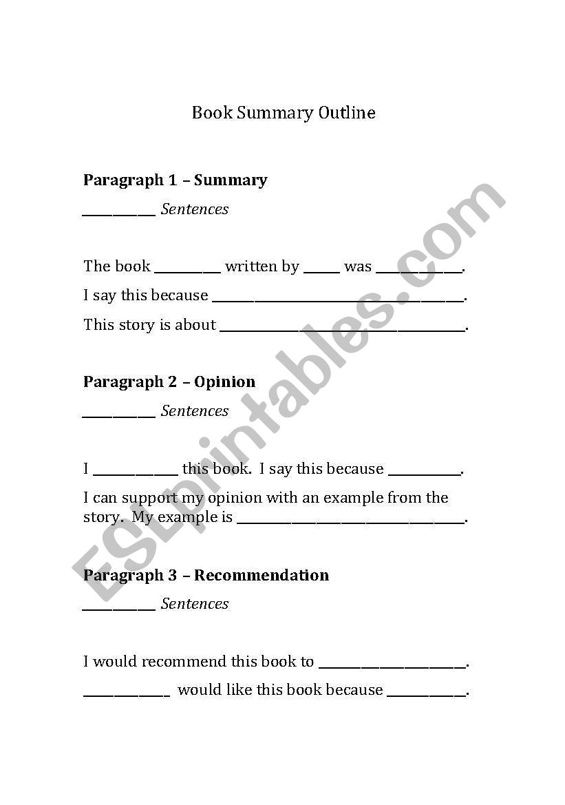 book summary outline worksheet