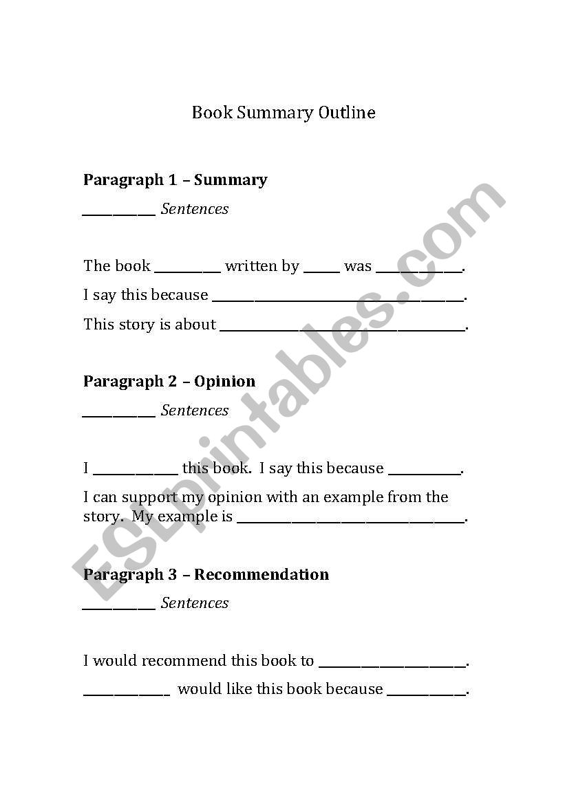 book summary outline worksheet