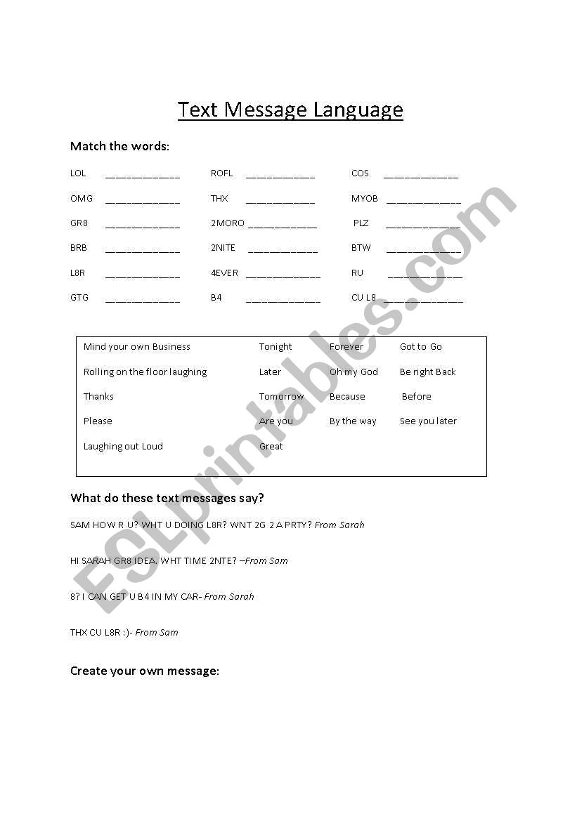 Text message language worksheet