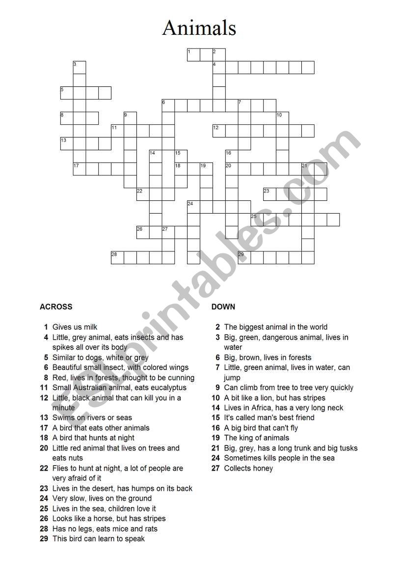 animals crossword puzzle worksheet