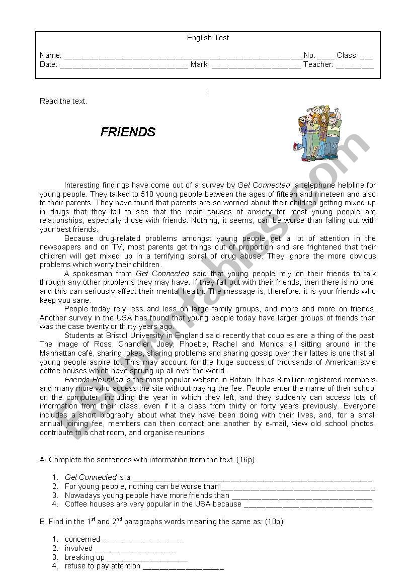 Test on Friendship worksheet