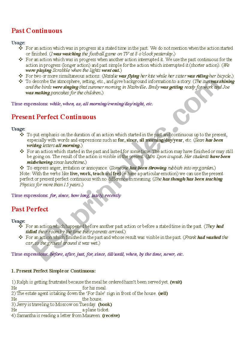 Tenses - Past Continuous, Present Perfect Continuous, Past Perfect