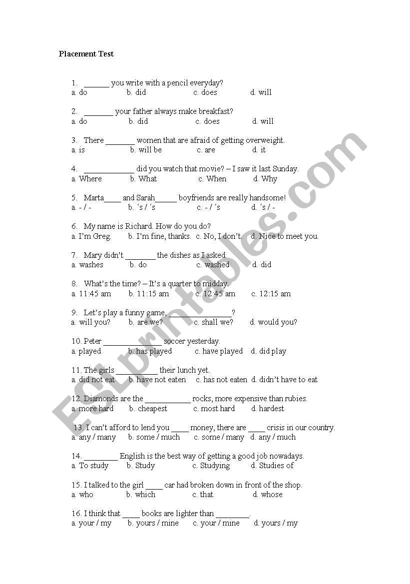 Placement Test worksheet