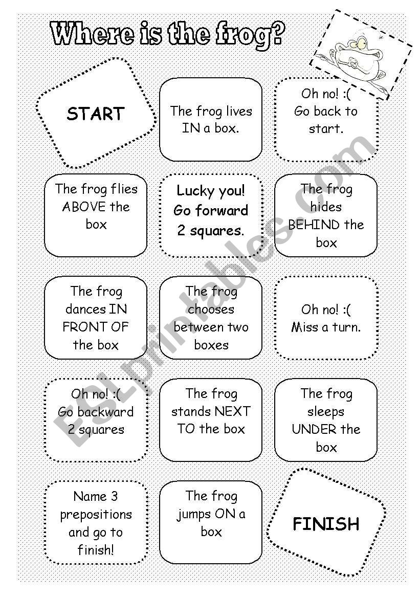 Prepositions board game worksheet