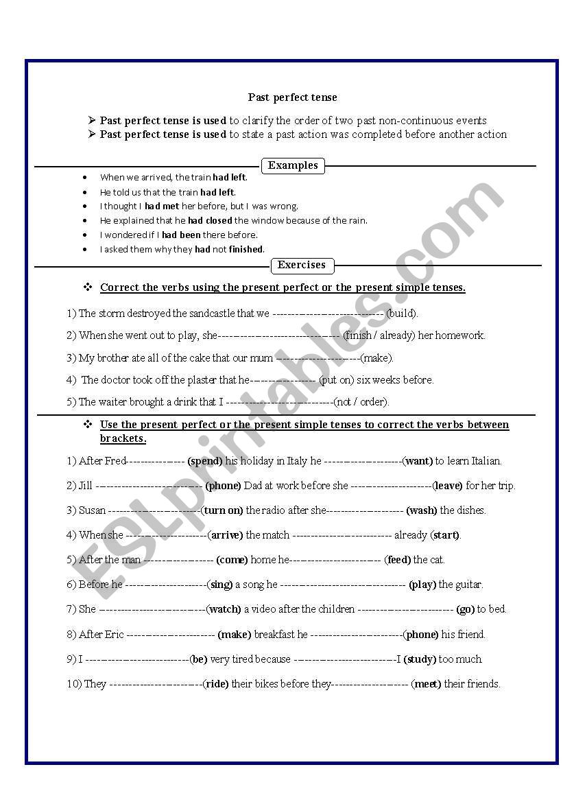 past perfect worksheet