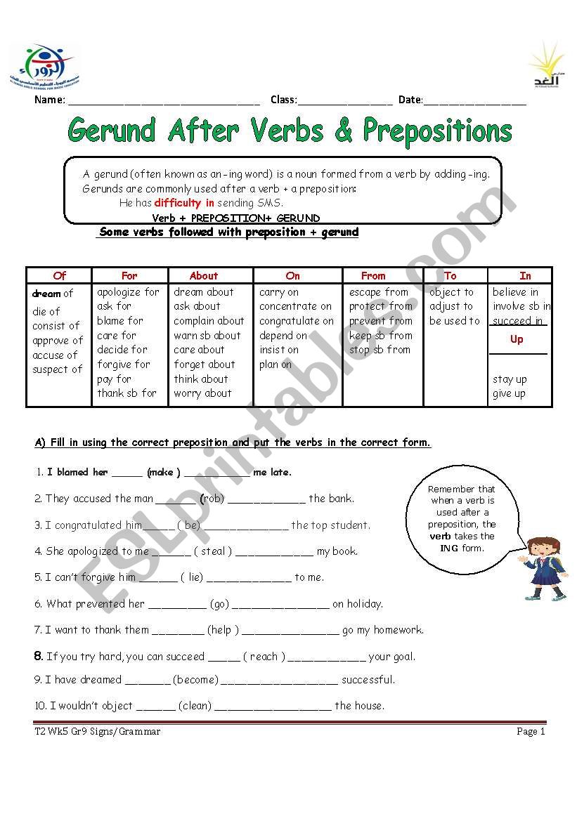 Verb Preposition Gerund ESL Worksheet By Jamila2