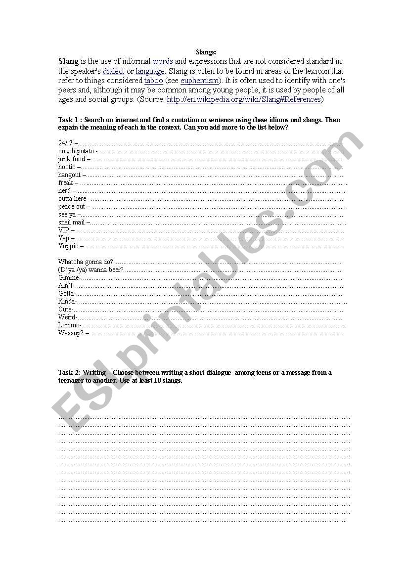 Slangs in context worksheet