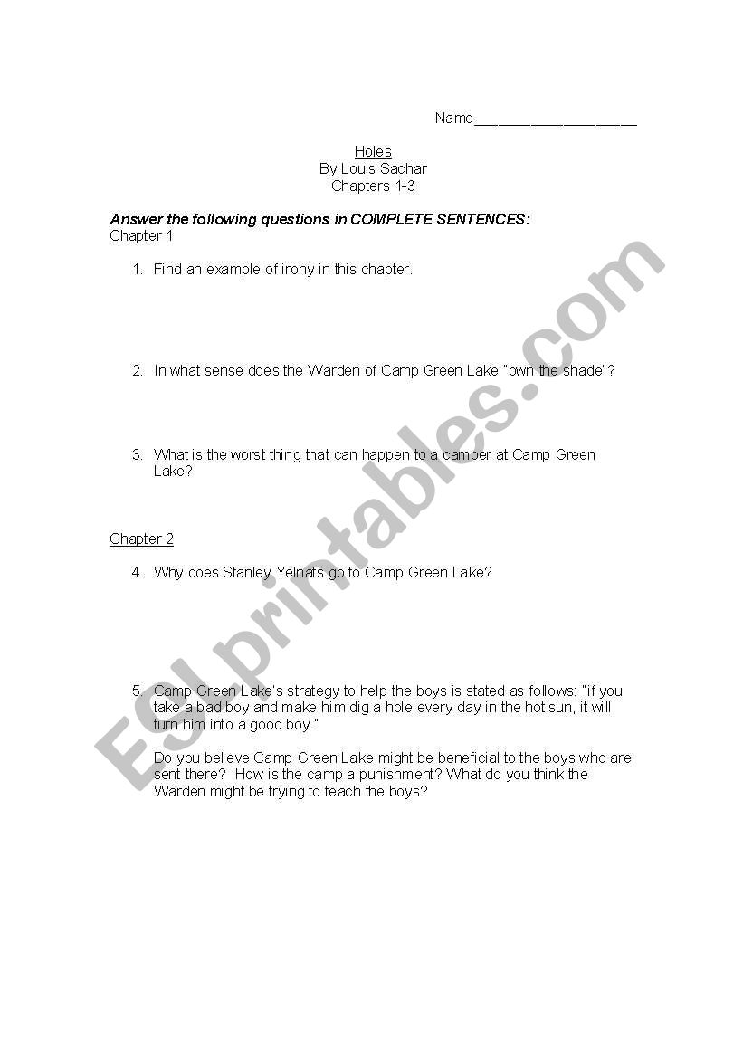 Holes Chapters 1-3 worksheet
