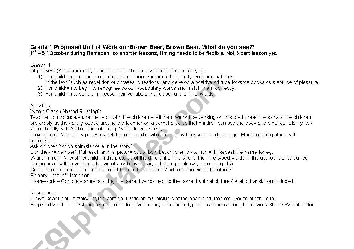 Brown bear - Unit plan worksheet