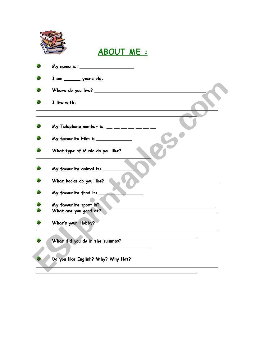 About Me. Questionnaire worksheet