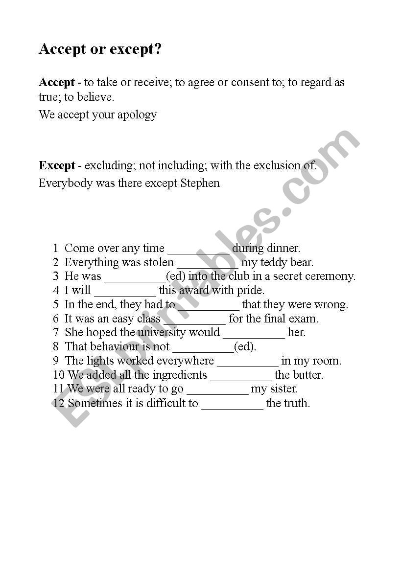 English Worksheets Accept Or Except 