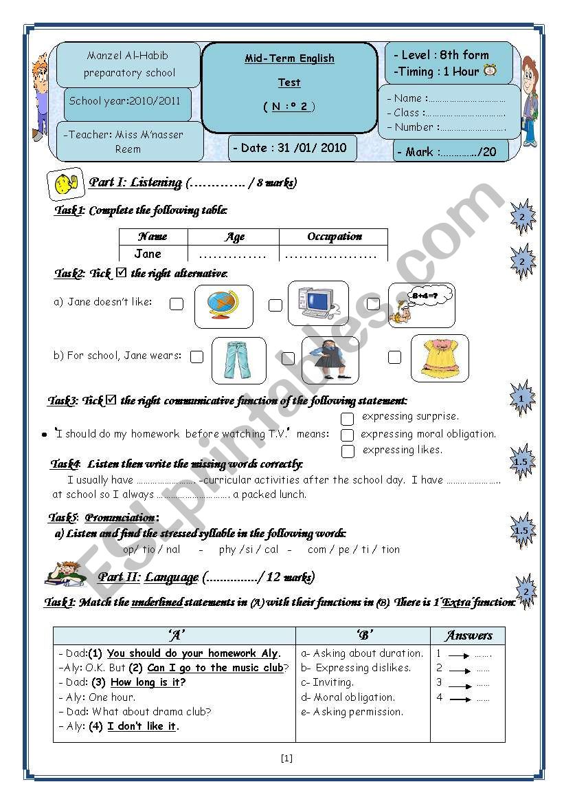 8 TH Form (Mid-Term ) Term 2 worksheet