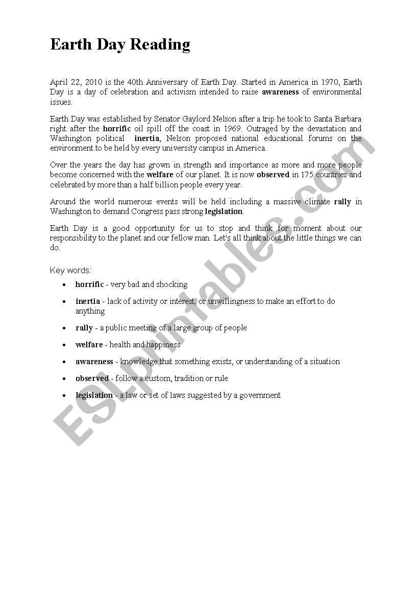 Earth Day Reading worksheet