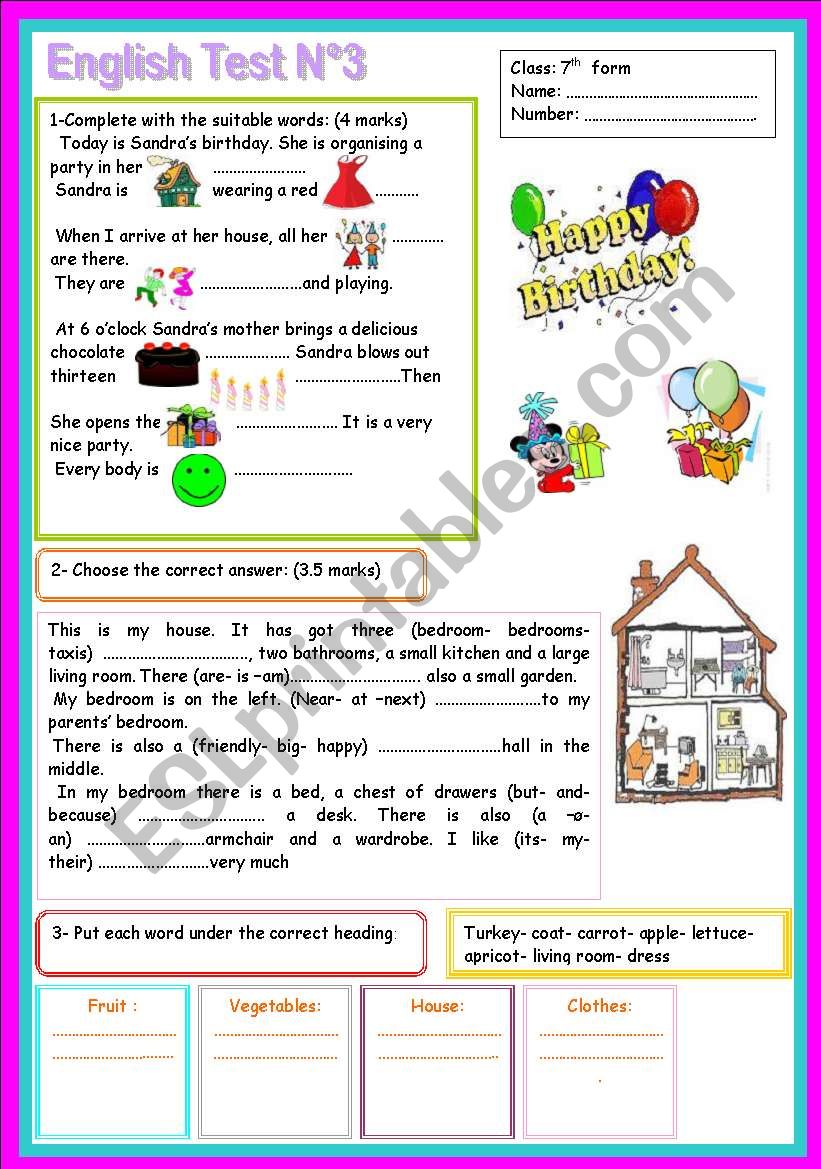 7th form mid term test worksheet