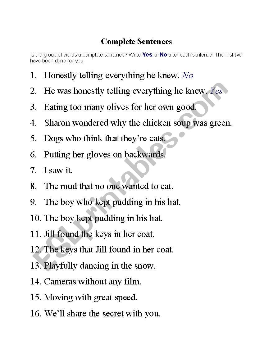 Complete Sentences Worksheet Middle School Printable