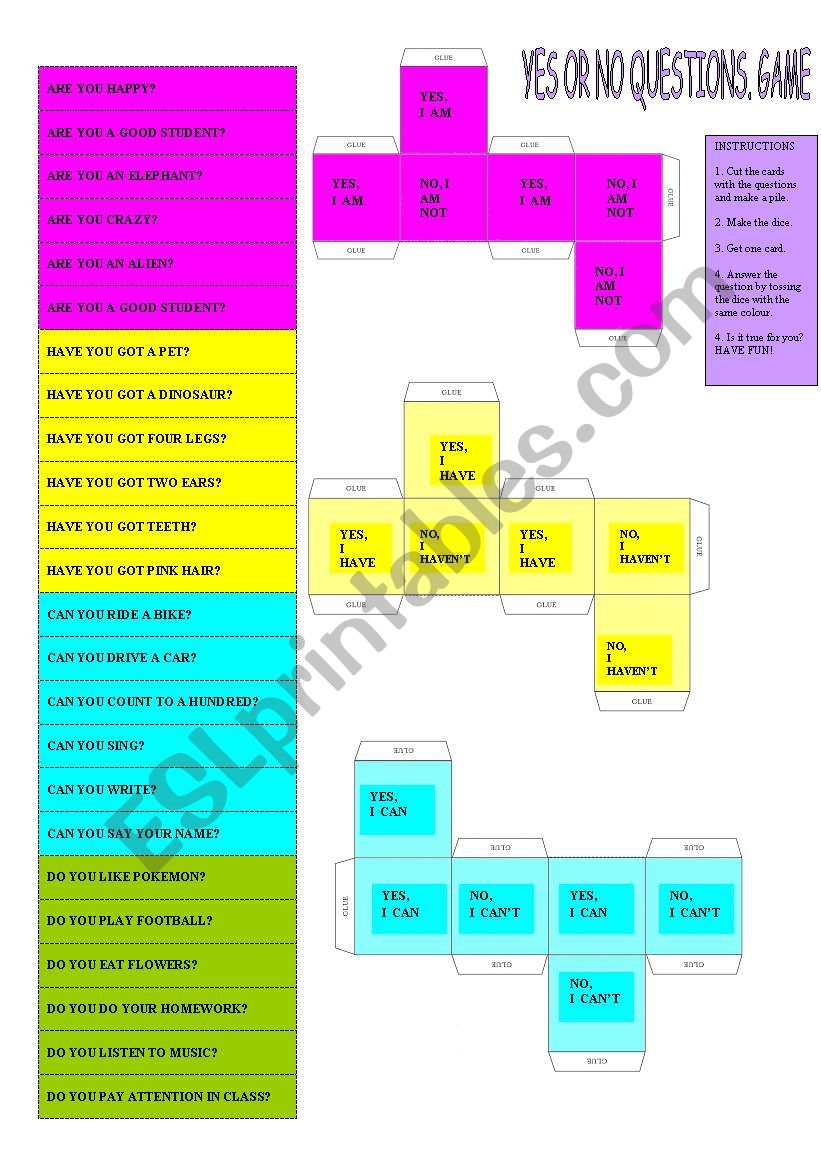 YES OR NO QUESTIONS GAME worksheet