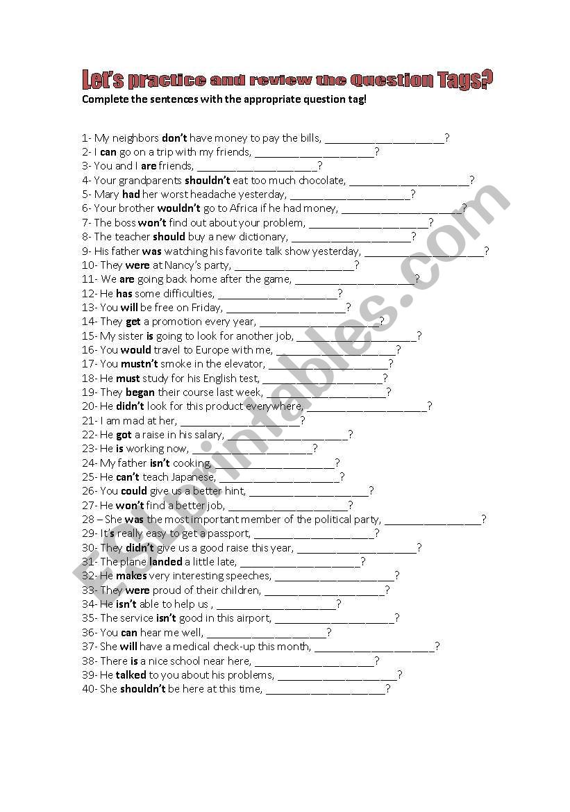 Lets Practice Tag Questions! worksheet