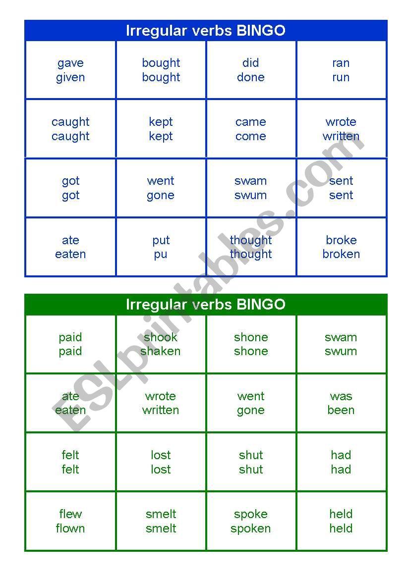 Irregular Verbs BINGO worksheet
