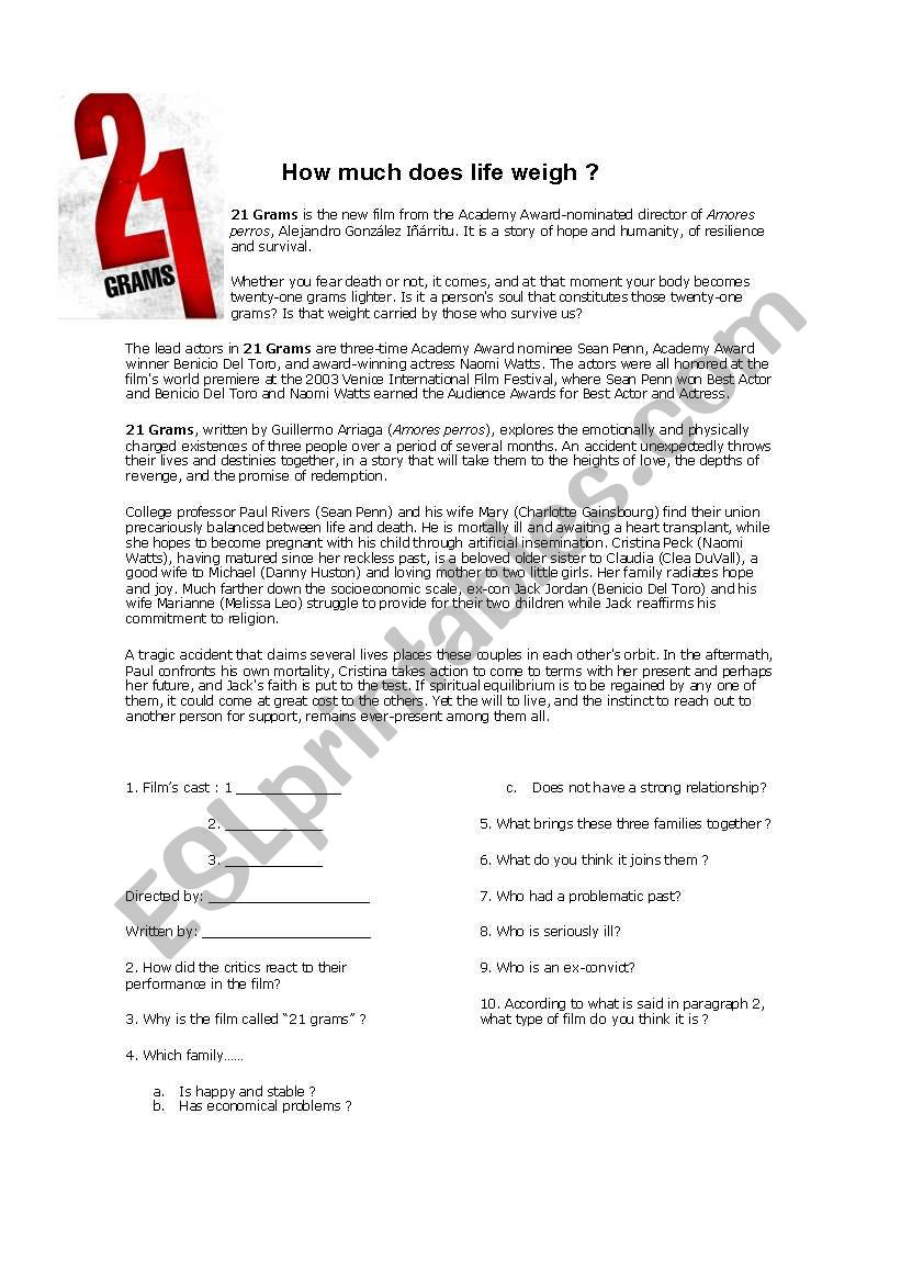 21 grams worksheet