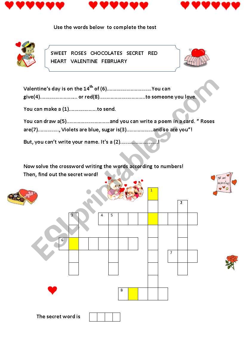 VALENTINES DAY TEST AND CROSSWORD