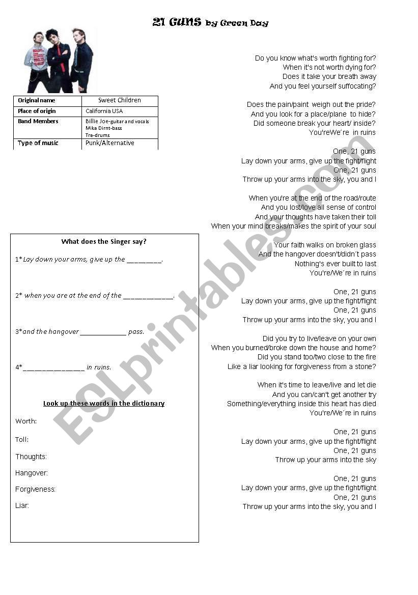 21 guns by Green Day worksheet