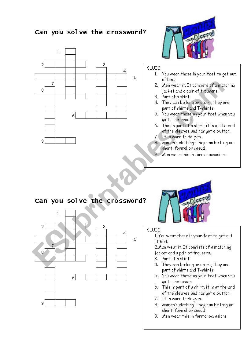 Clothes easy crossword worksheet
