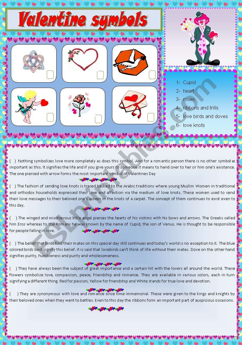 Valentines symbols - set 3 worksheet