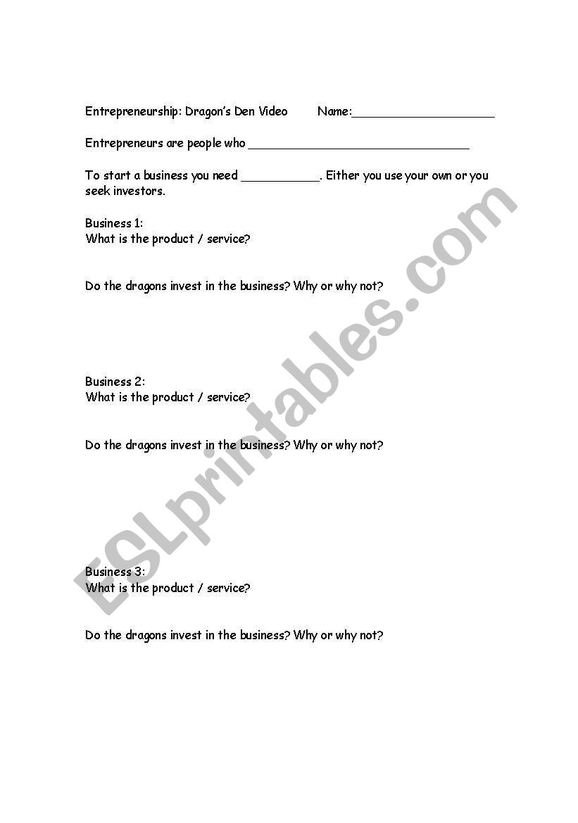 Dragons Den Video Reflection Worksheet