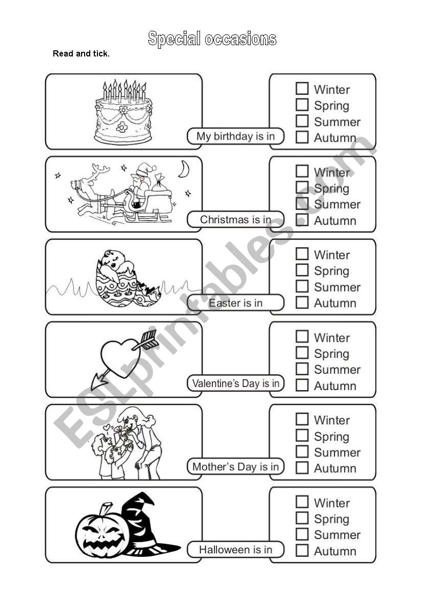 Special occasions worksheet