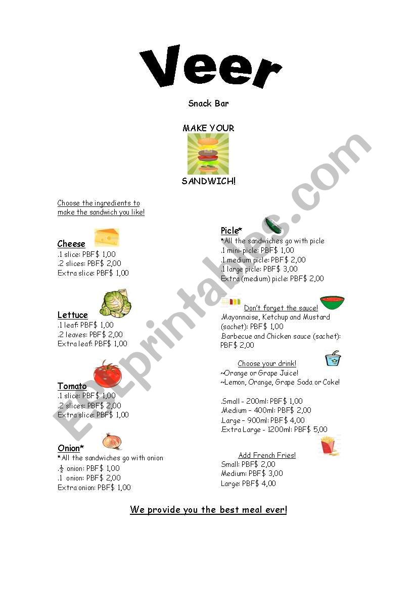 Snack Bar menu worksheet