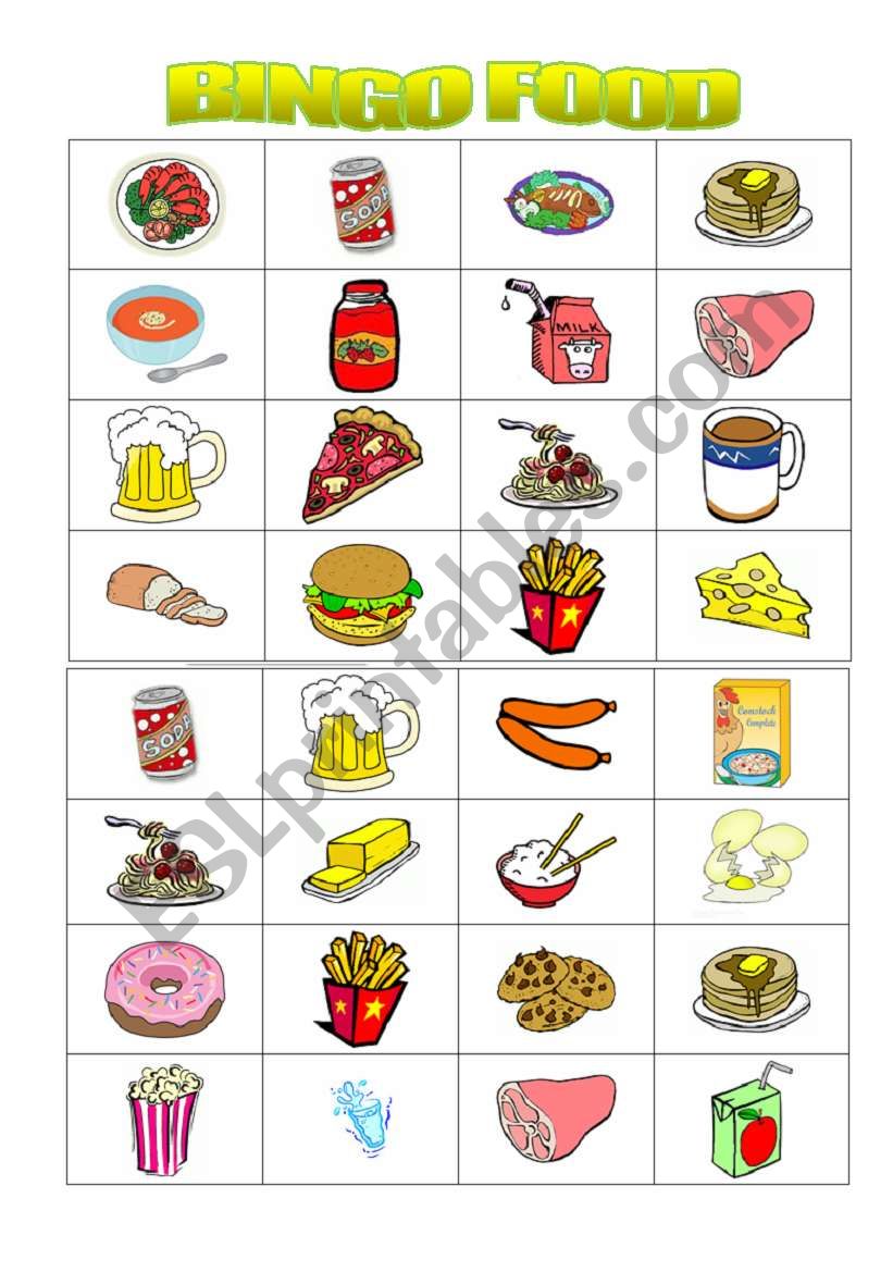 Bingo food worksheet