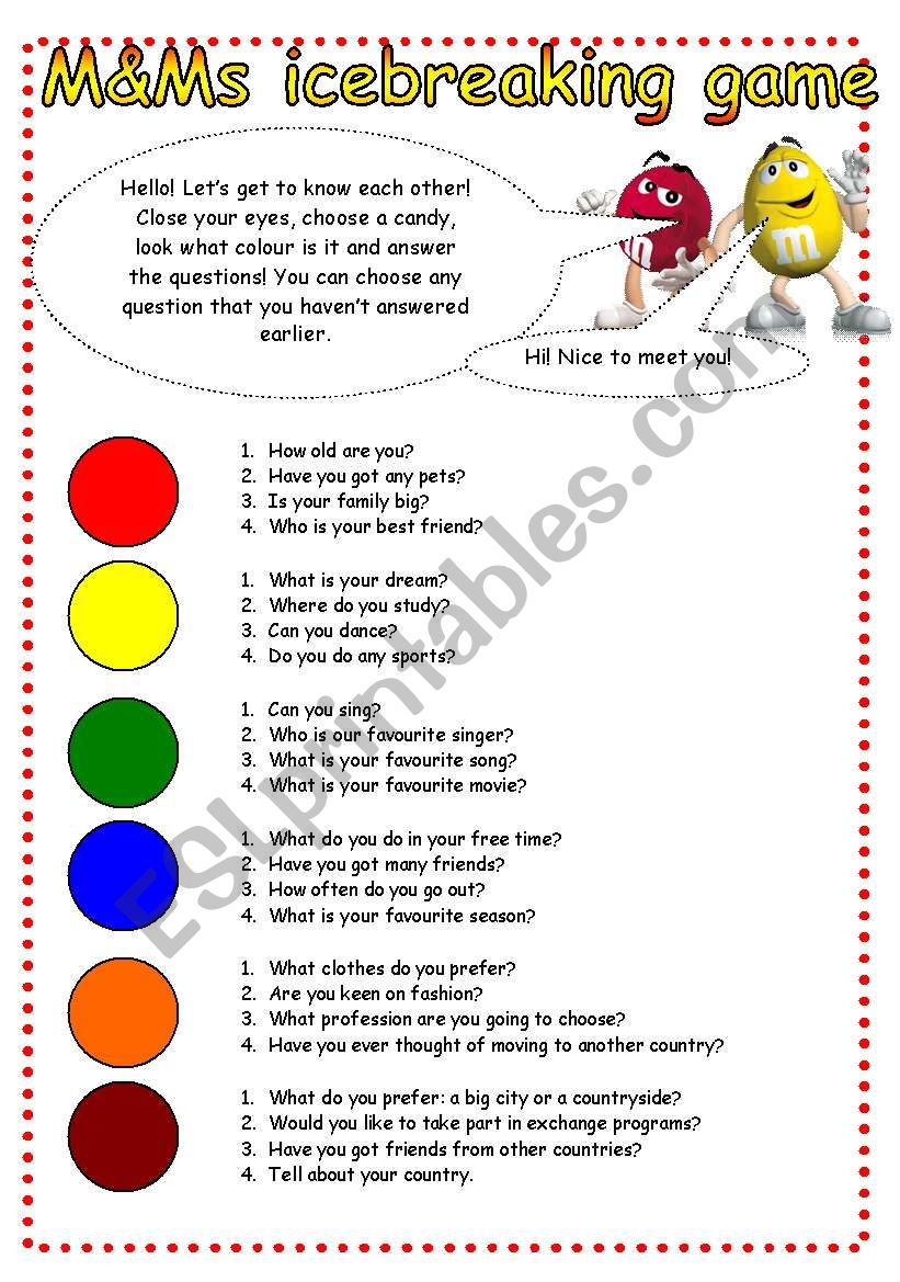 M&Ms icebreaking game worksheet