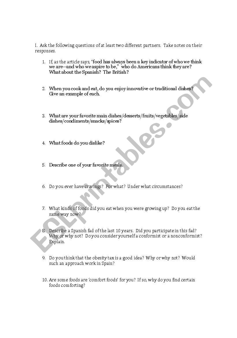 Food Activities worksheet