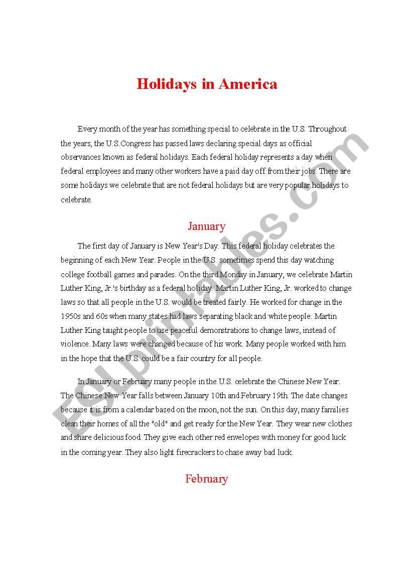 HOLIDAYS IN AMERICA worksheet