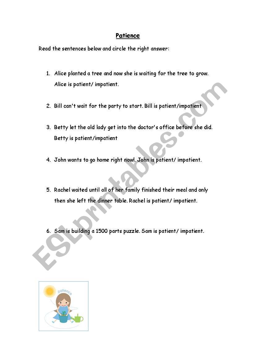 Patience worksheet