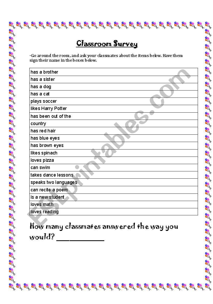 Classroom survey worksheet